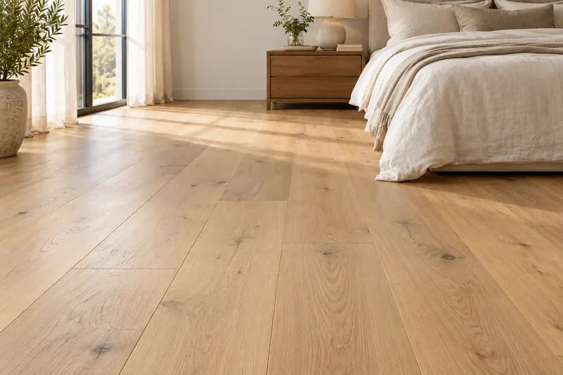 Chambre d’inspiration avec larges lames de parquet clair