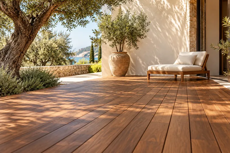 Terrasse d’inspiration avec lames de bois naturel