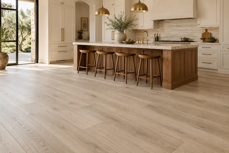 Cuisine d’inspiration avec sol SPC ou PVC effet bois clair